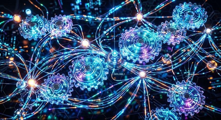 Render 3D de engranajes conectados en una red de datos